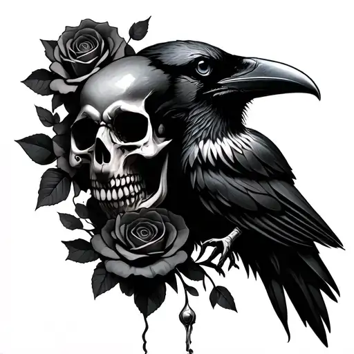 Raven And Skull With Roses