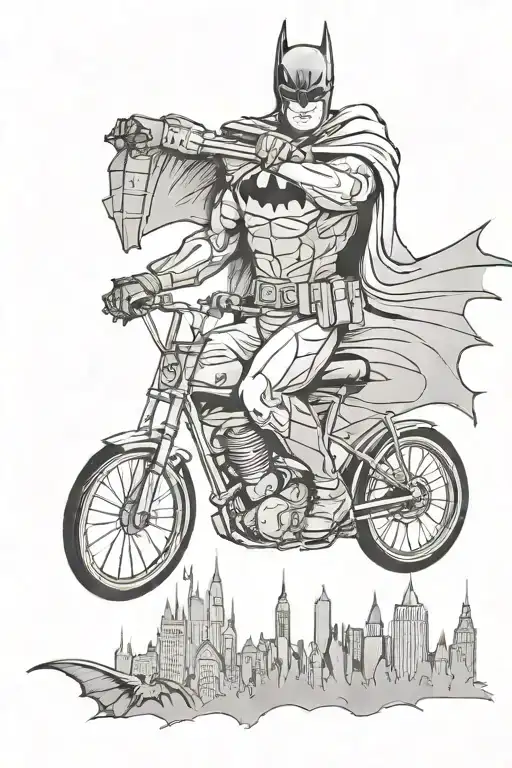 A Black And Grey Tattoo Of Batman's Silhouette Cycling Through Gotham City