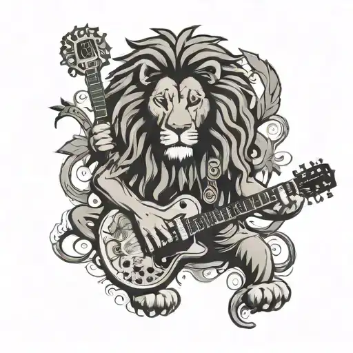 A Lion Playing A Reggae Guitar Surrounded By Rastafari Symbols