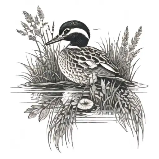 A Serene Duck Floating On A Peaceful Pond Surrounded By Tall Grasses With A Raccoon And A Fox