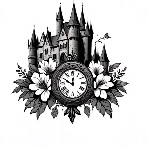 Hogwarts Castle With Flowers And A Clock