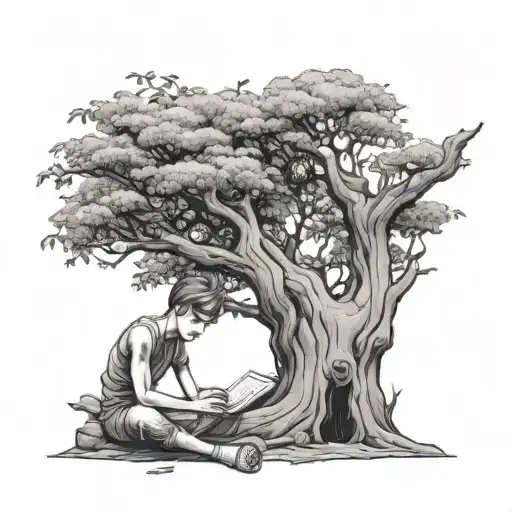 Boy Sitting On The Big Tree And Writing A Book