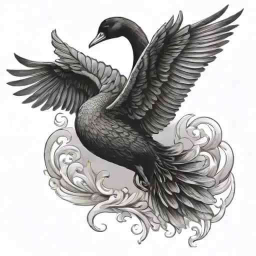 Small Tattoo Elegant Black Swan With Big Long Stretched Wings Flying