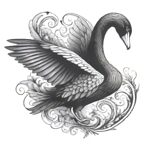 Small Tattoo Elegant Black Swan With Big Long Stretched Wings Flying