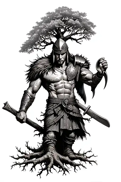 Spartan Warrior With A Tree That Has Roots