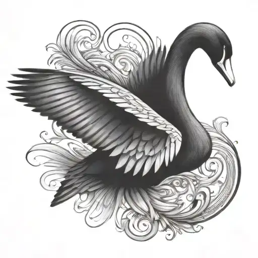 Small Tattoo Elegant Black Swan With Big Long Stretched Wings Flying