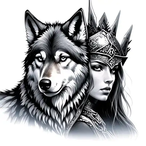 Fierce Looking Valkyrie And A Wolf In Winter Landscape