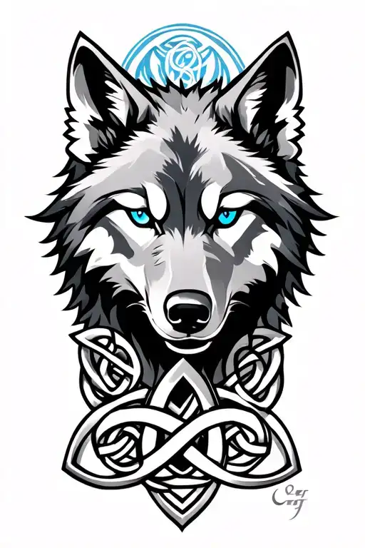 Wolf With Blue Eyes On Armor Tattoo Design Featuring Celtic Trinity Knot