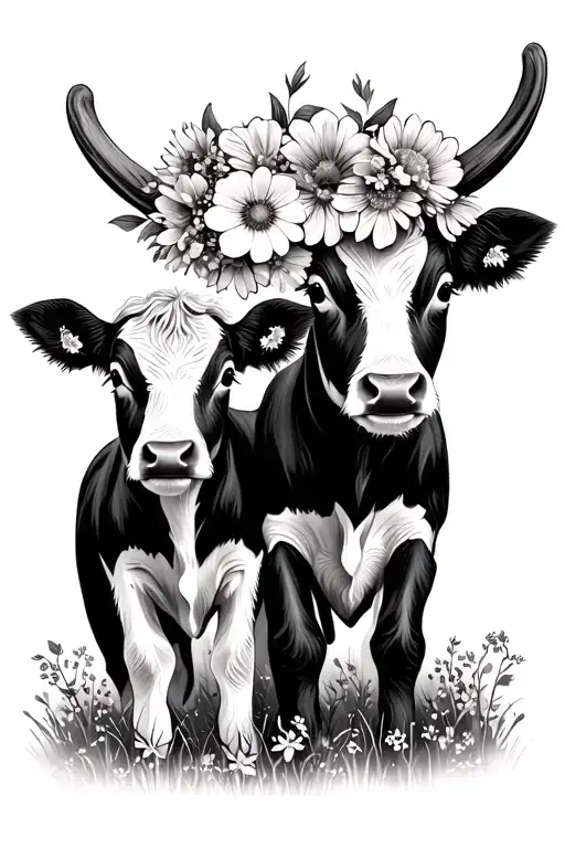 Highland Calf And Dairy Calf Best Friends Wearing Flower Crowns
