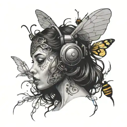 Bee On Face Red Eye Girl With Bee House And Other Etc Tree Robot Style