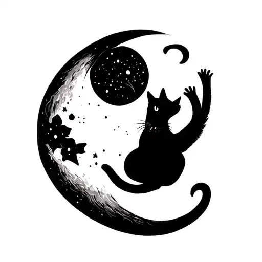 Simple Design Black Cat Playing With Moon