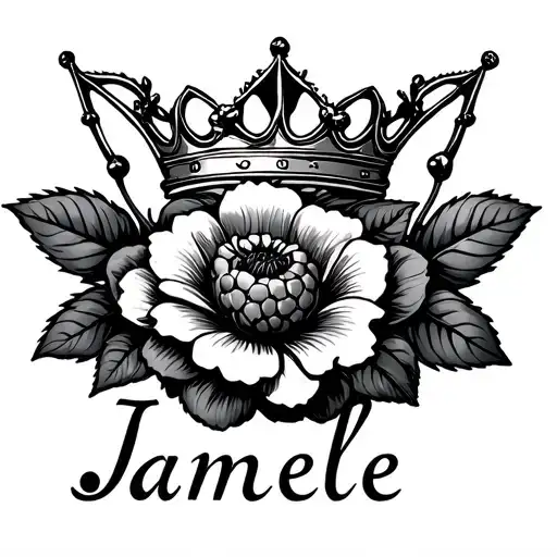 The Name Jamelle In Cursive With A Crown And A Rasberry Flower