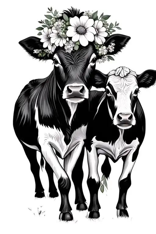 Highland Calf And Dairy Calf Best Friends Wearing Flower Crowns