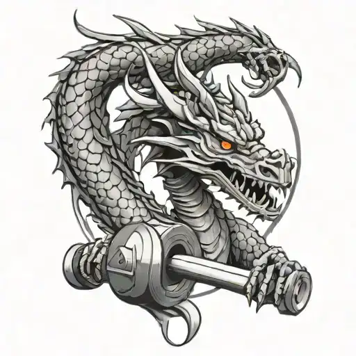 A Sleek Black And Grey Tattoo Of A Dragon Wrapped Around A Barbell