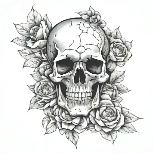 A Blueprint-style Tattoo Of A Skull Surrounded By Blooming Flowers