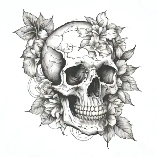 A Blueprint-style Tattoo Of A Skull Surrounded By Blooming Flowers