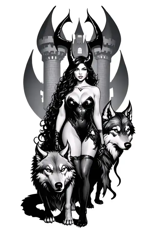 Sexy Maleficant With A Castle Behind Her With A 3 Headed Wolf Infront