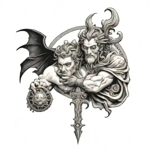 A Black And Grey Tattoo Featuring Hades And Cronos From Greek Mythology In A Mystical Setting