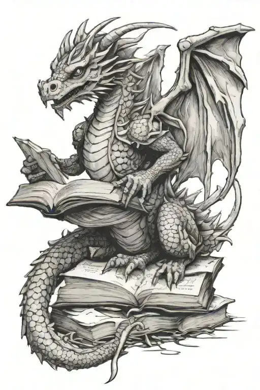 Dragon Sitting On Bones Reading Book