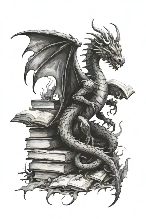 Dragon Sitting On Pile Of Burned Bones Reading A Book