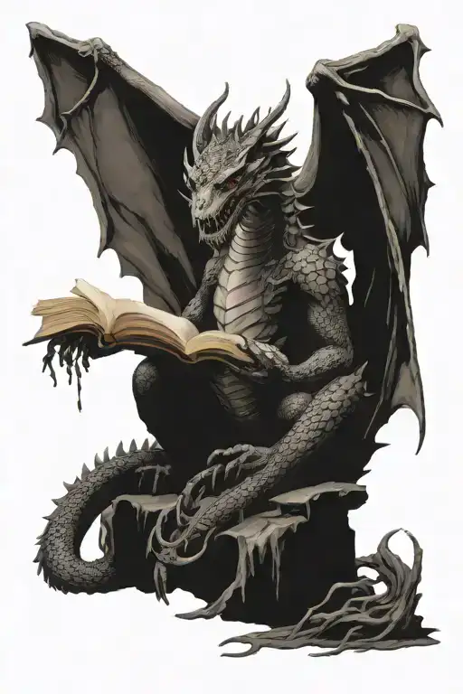 Dragon Sitting On Pile Of Burned Bones Reading A Book