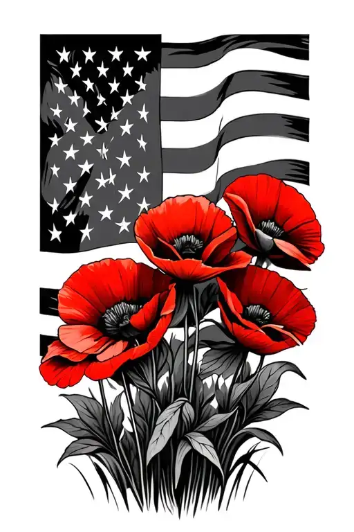 Soldier Us Flag Red Poppies Blooming Out Of Its