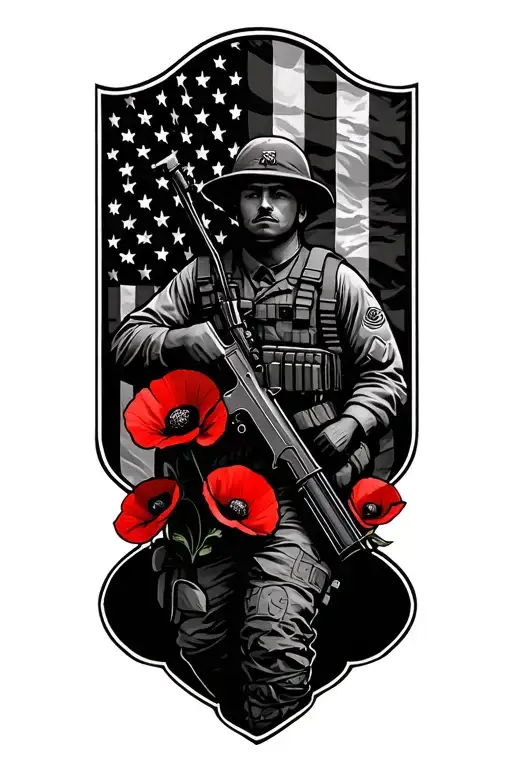 Soldier Carrying Rifle With Us Flag Background Red Poppies
