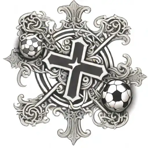 Design A Half Sleeve Tattoo Featuring A Christian Cross Intertwined With Soccer Elements