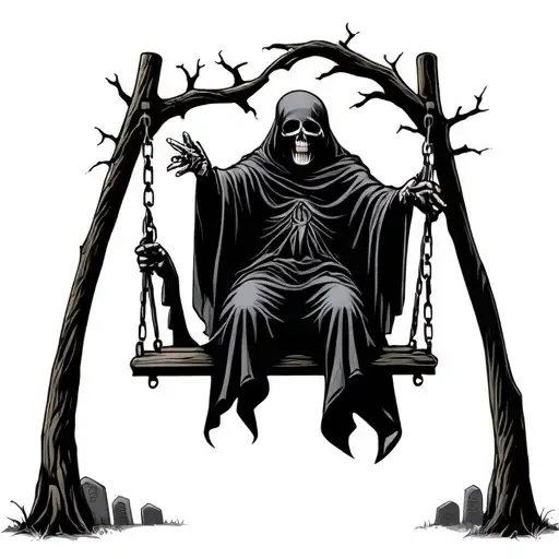 Grim Reaper On A Swing Set Of A Tree With Tomb Stones Around It