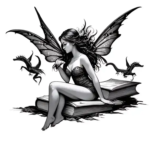 Fairy Sitting On Books With Dragons Flying Towards The Sun
