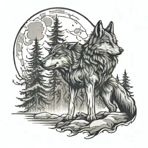 A Mystical Forest Scene With A Wolf Howling At The Moon