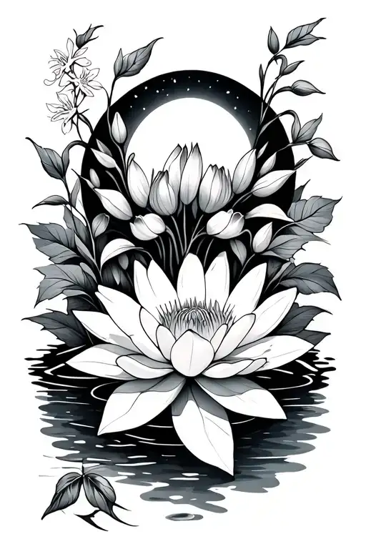 Sun And Water Lily's And Larkspur And Vines Growing