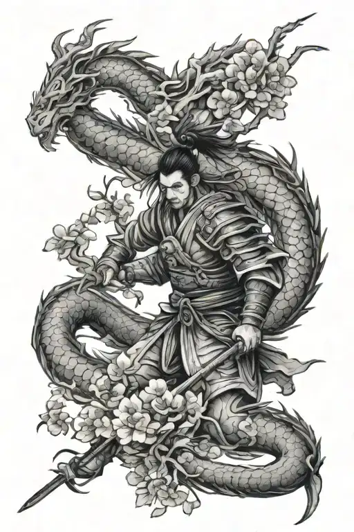 Samurai Warrior And Dragon And Cherry Blosum Tree