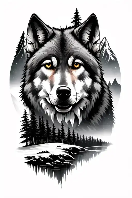 Wolf And Forest And Mountain Landscape And Spem Retine