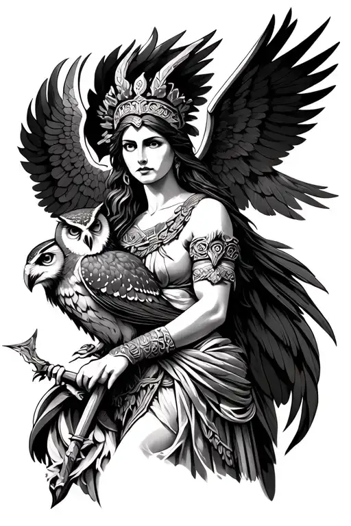 Athena Goddess Looking Brave With Her Owl And A Spear In Her Hand