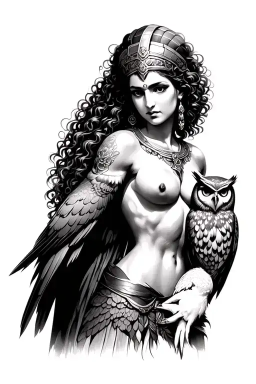 Beautiful Goddess Athena With Curly Hair Looking Brave With Her Owl
