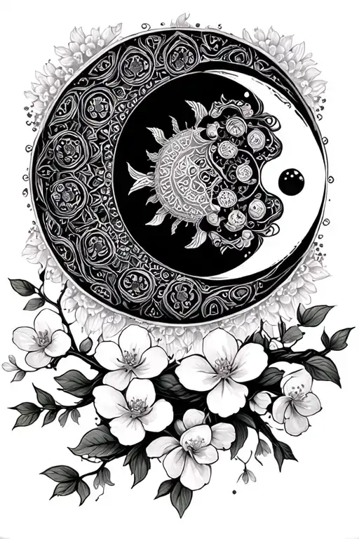 Moon And Sun Mandala With Cherry Blossoms And Ornament