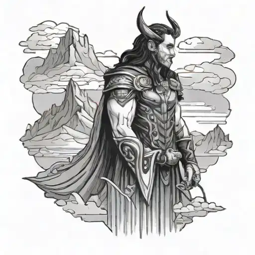 A Black-grey Portrait Of Loki Overlooking The Majestic Landscape Of Mount Olympus