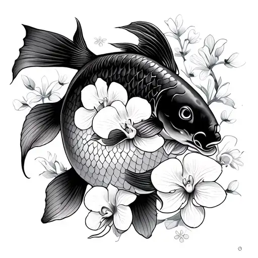 Koi Carp And Orchid Flowers And Small Cherry Blossoms