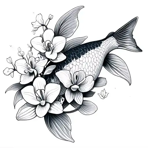 Koi Carp Orchid Flowers And Small Cherry Blossoms
