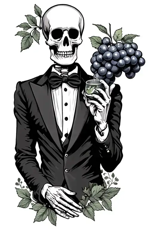 Skeleton Wearing Tux Holding Grapes Surrounded