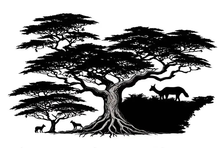 African Tree With Animals And Root Growing