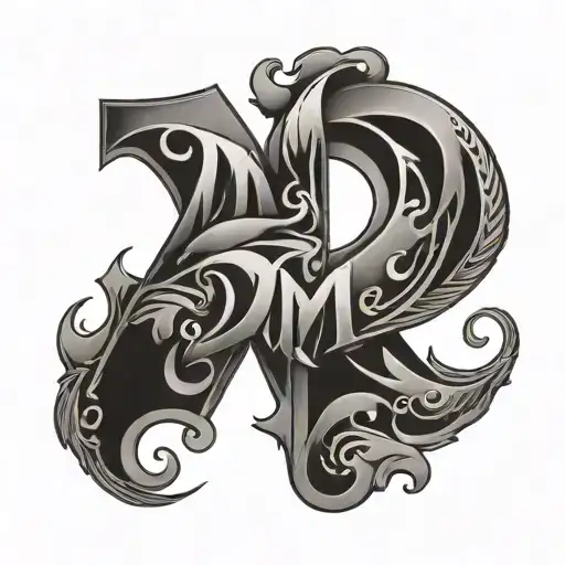 An Abstract Tattoo Combining The Letters D And M With A Heart Symbol In A Creative Way