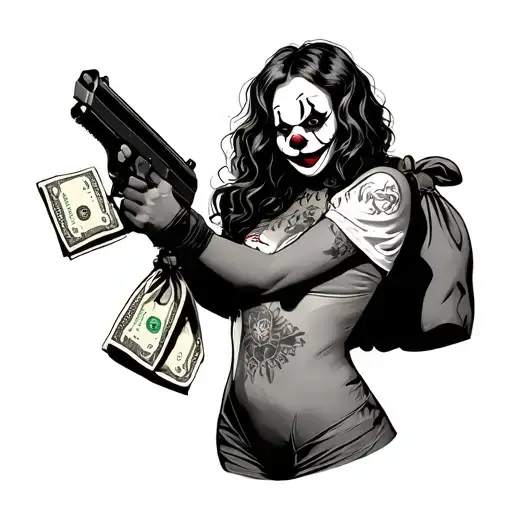 Aesthetic Half Ski Mask Half Clown Girl Holding A Gun With Cash Bags Behind Her