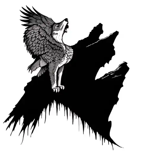 Wolf On A Cliff Howling In Shape Of An Owl