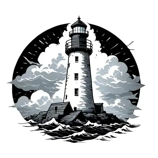 Lighthouse Oldschool Tattoo With Clouds Forming The Shape