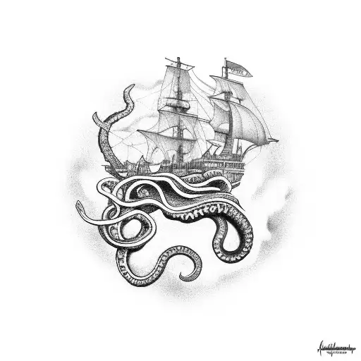Kraken And A Ship In The Ocean