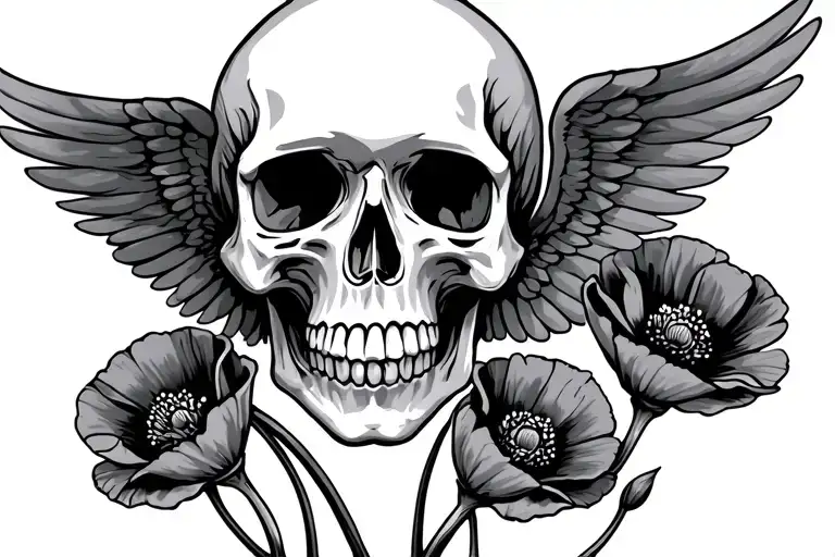 Skull With Wings And Three Poppys
