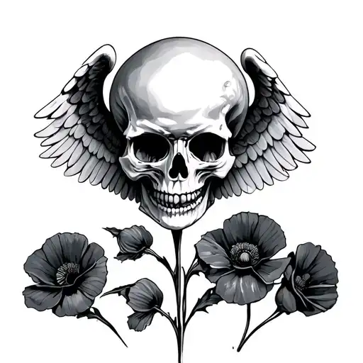 Skull With Wings And Three Poppys