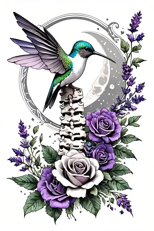 Feminine Spinal Tattoo With Hummingbird And Roses And Lavender And Moon